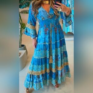 Palak Blue Beaded Long Sleeve Flowy Ruffle Dress Women's Size Medium